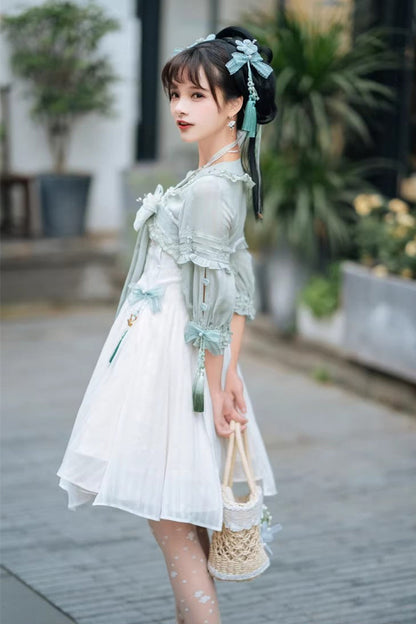 Sweet Lolita Dress - White/green Half Sleeves, 2 Colors, Bow Detail, Ruffled - additional product view 12