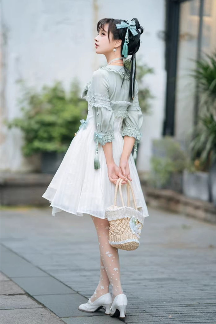 Sweet Lolita Dress - White/green Half Sleeves, 2 Colors, Bow Detail, Ruffled - additional product view 13