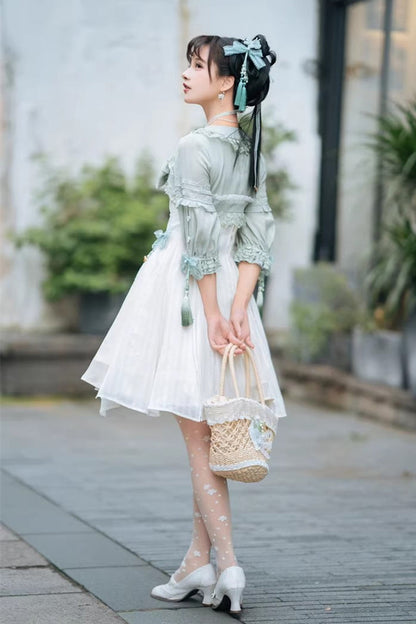 Sweet Lolita Dress - White/green Half Sleeves, 2 Colors, Bow Detail, Ruffled - additional product view 13