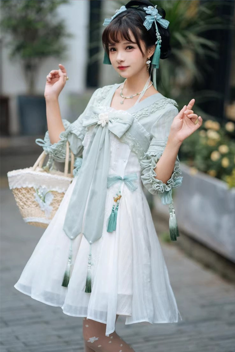Sweet Lolita Dress - White/green Half Sleeves, 2 Colors, Bow Detail, Ruffled - main product image