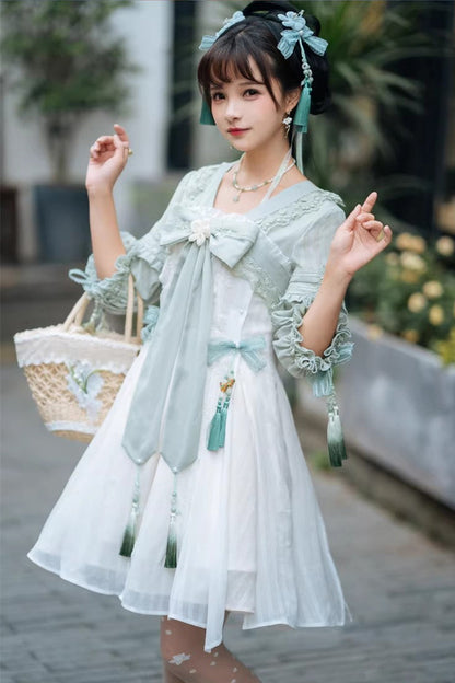 Sweet Lolita Dress - White/green Half Sleeves, 2 Colors, Bow Detail, Ruffled - main product image
