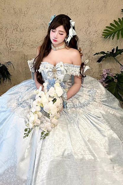 Sweet Lolita Dress - White Moonlight Lover, White, Ruffled, Lace-Up, Bow Detail - S Light-Blue / M Light-Blue / L Light-Blue option