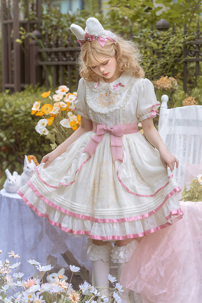 Sweet Lolita Dress - White/pink, 2 Colors, Ruffled, Bow Detail - additional product view 2
