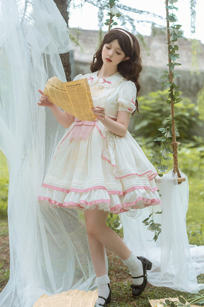 Sweet Lolita Dress - White/pink, 2 Colors, Ruffled, Bow Detail - additional product view 3