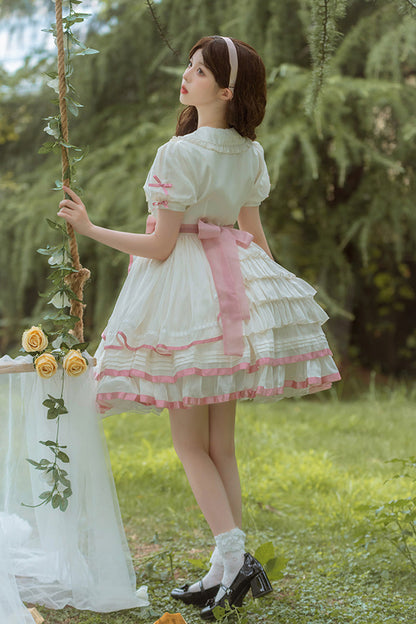 Sweet Lolita Dress - White/pink, 2 Colors, Ruffled, Bow Detail - additional product view 4