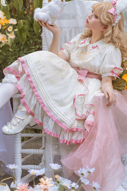 Sweet Lolita Dress - White/pink, 2 Colors, Ruffled, Bow Detail - additional product view 5