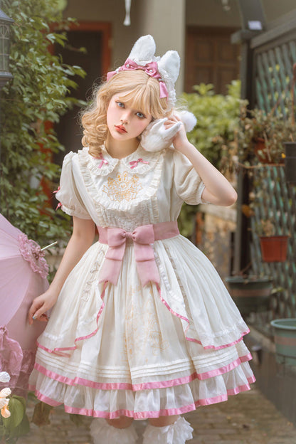 Sweet Lolita Dress - White/pink, 2 Colors, Ruffled, Bow Detail - main product image