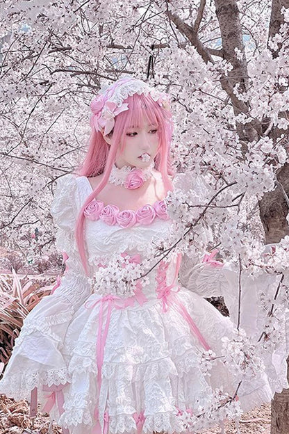 Sweet Lolita Dress - White/pink Puff, 2 Colors, Gothic Style, Layered - additional product view 9