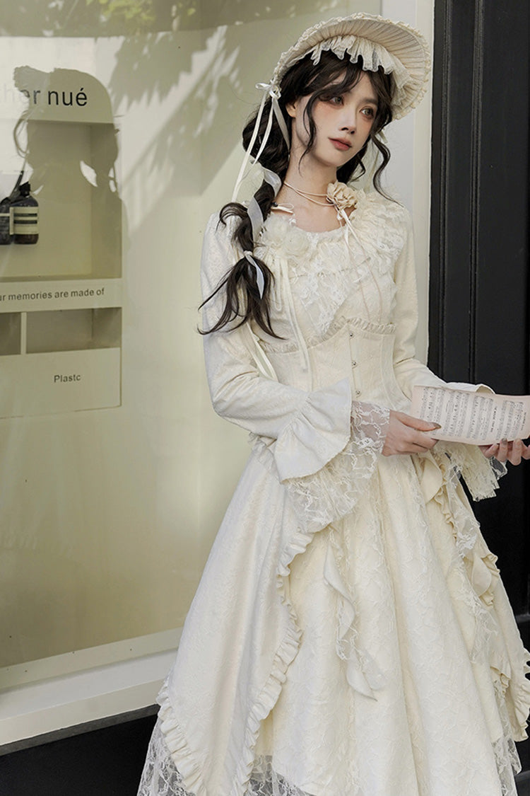 Sweet Lolita Dress - White Tea, 2 Colors, Long Sleeves, Classic Style, Bow Detail - additional product view 2