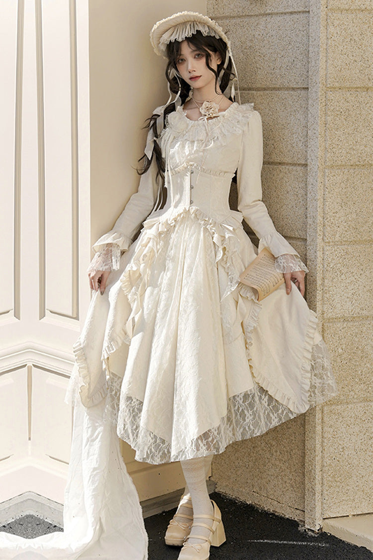 Sweet Lolita Dress - White Tea, 2 Colors, Long Sleeves, Classic Style, Bow Detail - additional product view 3