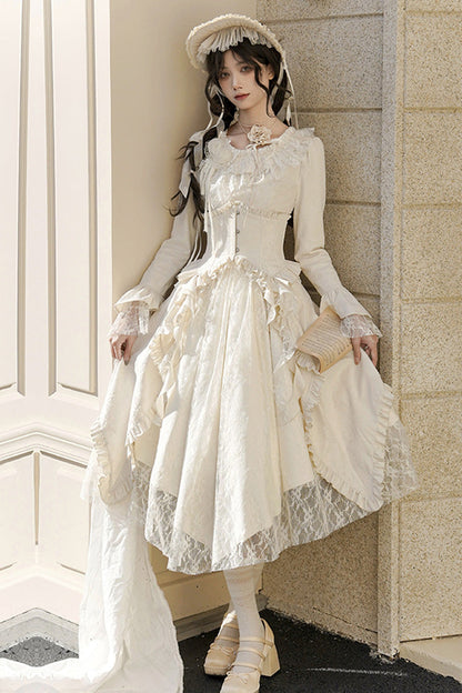 Sweet Lolita Dress - White Tea, 2 Colors, Long Sleeves, Classic Style, Bow Detail - additional product view 3