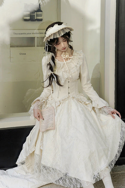 Sweet Lolita Dress - White Tea, 2 Colors, Long Sleeves, Classic Style, Bow Detail - additional product view 4