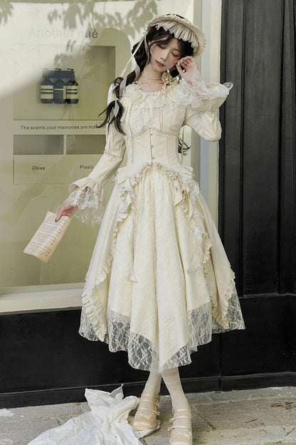 Sweet Lolita Dress - White Tea, 2 Colors, Long Sleeves, Classic Style, Bow Detail - additional product view 6