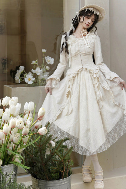 Sweet Lolita Dress - White Tea, 2 Colors, Long Sleeves, Classic Style, Bow Detail - additional product view 8