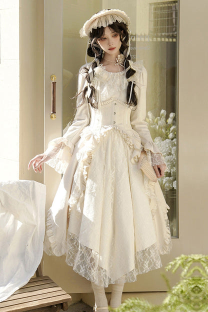 Sweet Lolita Dress - White Tea, 2 Colors, Long Sleeves, Classic Style, Bow Detail - main product image