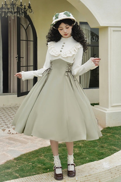 Sweet Lolita Dress - Wind Garden, 2 Colors, Stand Collar, Ruffled, Lace-Up - additional product view 8