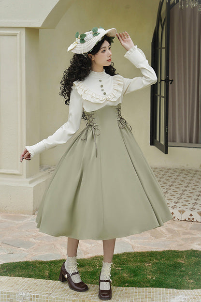 Sweet Lolita Dress - Wind Garden, 2 Colors, Stand Collar, Ruffled, Lace-Up - additional product view 9