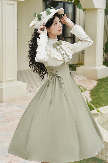 Sweet Lolita Dress - Wind Garden, 2 Colors, Stand Collar, Ruffled, Lace-Up - additional product view 11
