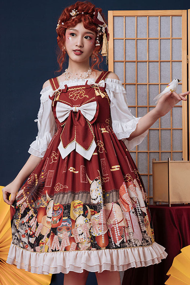 Sweet Lolita Dress - Wine Demon Mask Print, red, High Waist, Bow Detail, Printed - additional product view 2