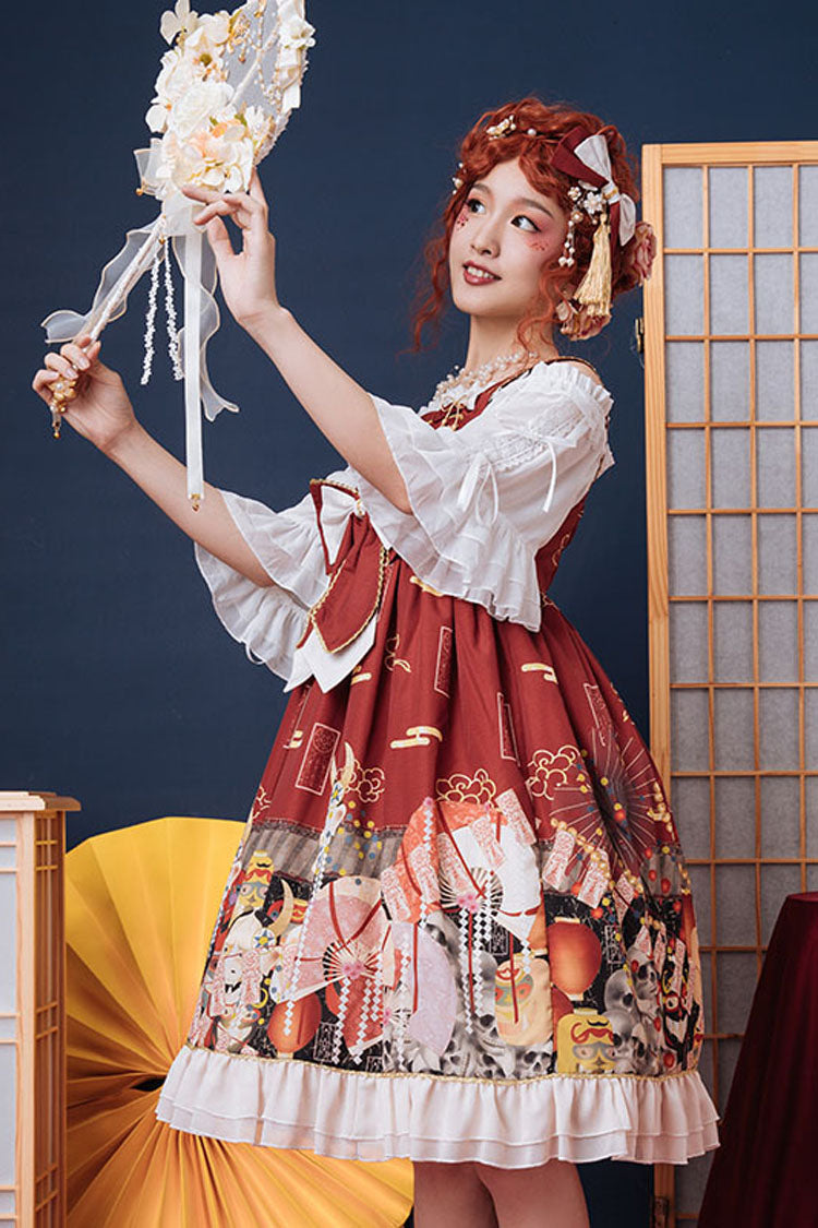 Sweet Lolita Dress - Wine Demon Mask Print, red, High Waist, Bow Detail, Printed - additional product view 3