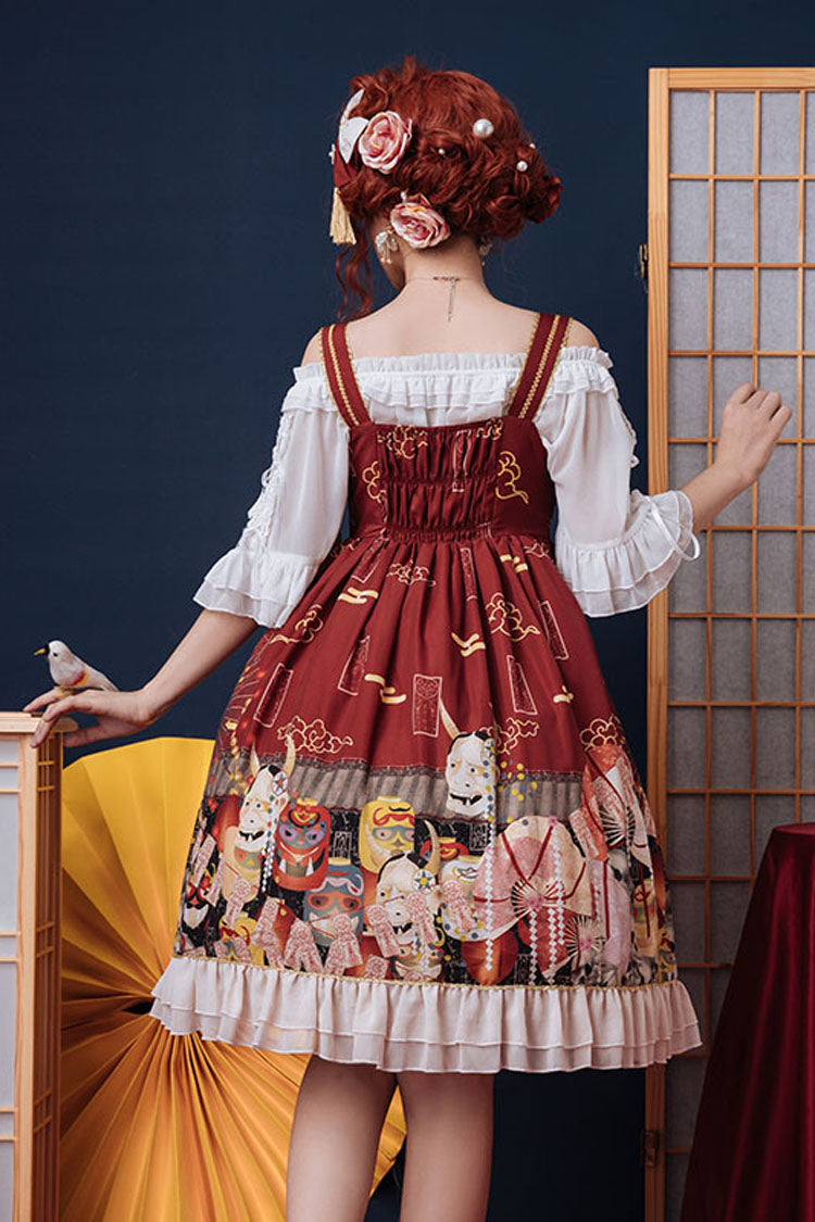 Sweet Lolita Dress - Wine Demon Mask Print, red, High Waist, Bow Detail, Printed - additional product view 4