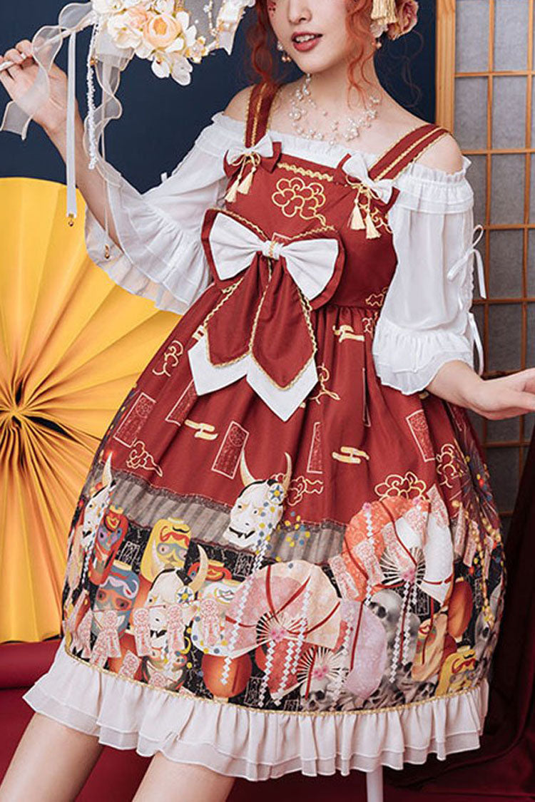Sweet Lolita Dress - Wine Demon Mask Print, red, High Waist, Bow Detail, Printed - main product image