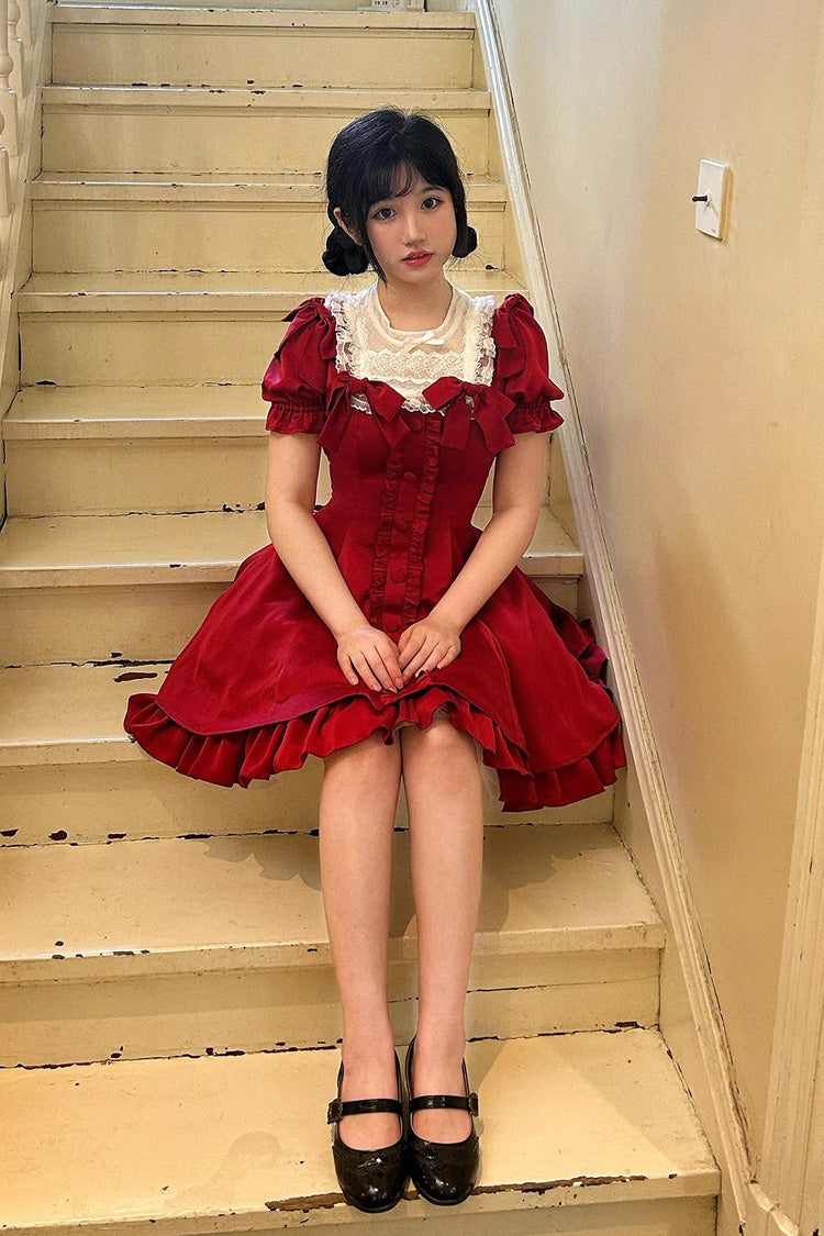 Sweet Lolita Dress - Wine Red Annie's Gift, Red, Short Version, Plus Size, Short Length - additional product view 2