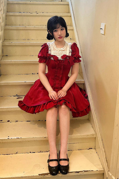 Sweet Lolita Dress - Wine Red Annie's Gift, Red, Short Version, Plus Size, Short Length - additional product view 2