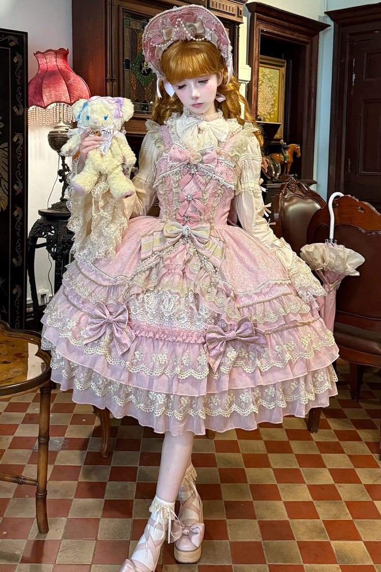 Sweet Lolita Headdress - Crown Of Gems, Pink, Layered, Bow Detail, Lace Trim - main product image