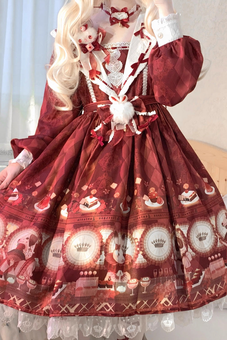 Sweet Lolita JSK - Afternoon Fantasia, Red, Bow Detail, Ruffled, Printed - additional product view 3