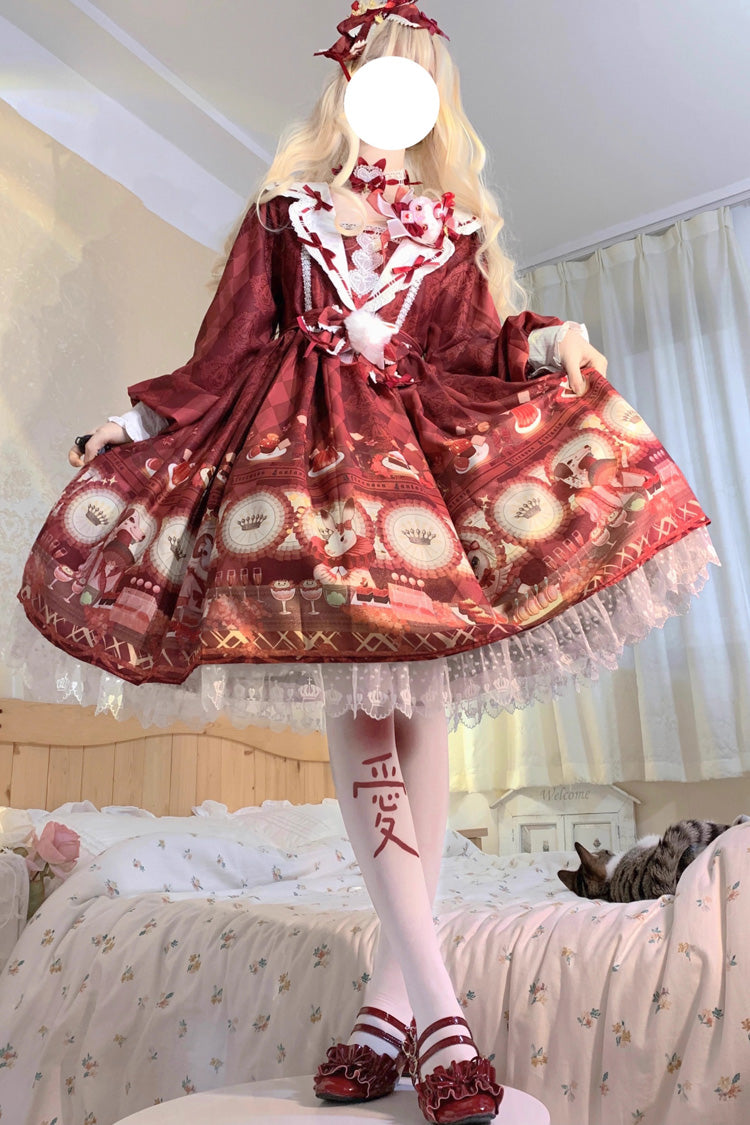 Sweet Lolita JSK - Afternoon Fantasia, Red, Bow Detail, Ruffled, Printed - main product image