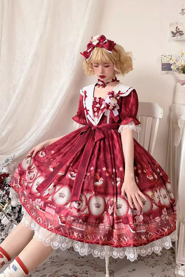 Sweet Lolita JSK - Afternoon Fantasia, Red, Bow Detail, Ruffled, Printed - S Red Short Sleeves / M Red Short Sleeves / L Red Short Sleeves option