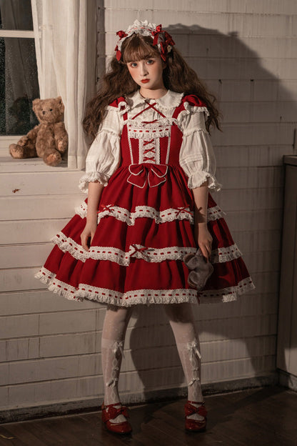 Sweet Lolita JSK - Antique Dolls Triple-layered, Red, Bow Detail - main product image