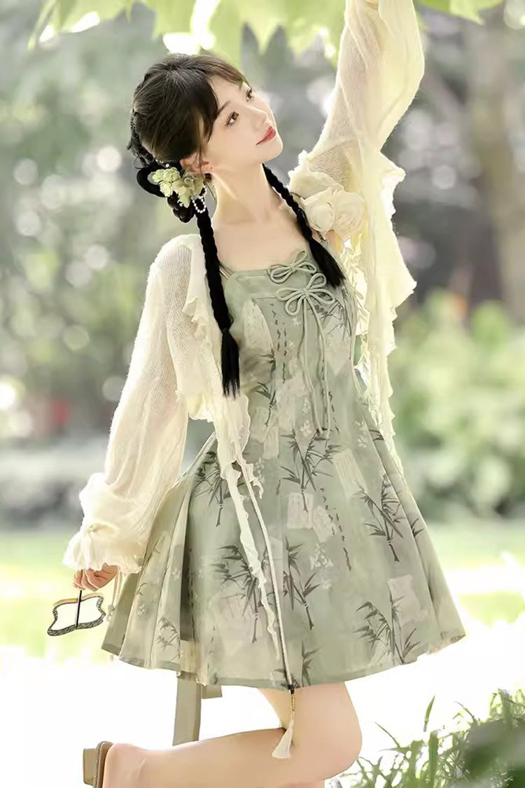 Sweet Lolita JSK - Bamboo Print Lace-up, Green, Lace Trim, Printed, Chinese-Inspired Style - additional product view 2