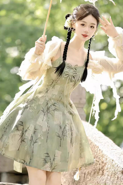 Sweet Lolita JSK - Bamboo Print Lace-up, Green, Lace Trim, Printed, Chinese-Inspired Style - additional product view 3