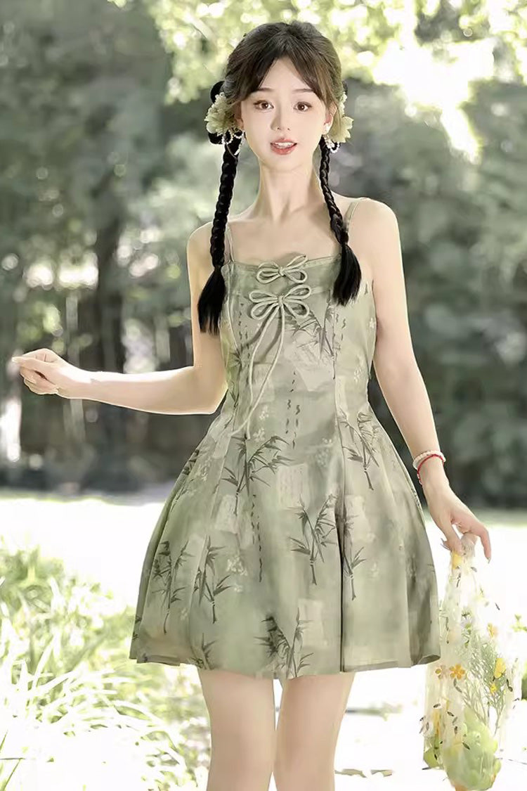 Sweet Lolita JSK - Bamboo Print Lace-up, Green, Lace Trim, Printed, Chinese-Inspired Style - additional product view 5