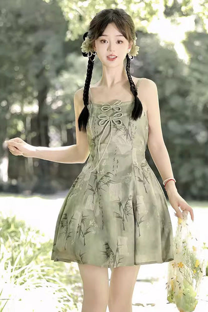 Sweet Lolita JSK - Bamboo Print Lace-up, Green, Lace Trim, Printed, Chinese-Inspired Style - additional product view 5