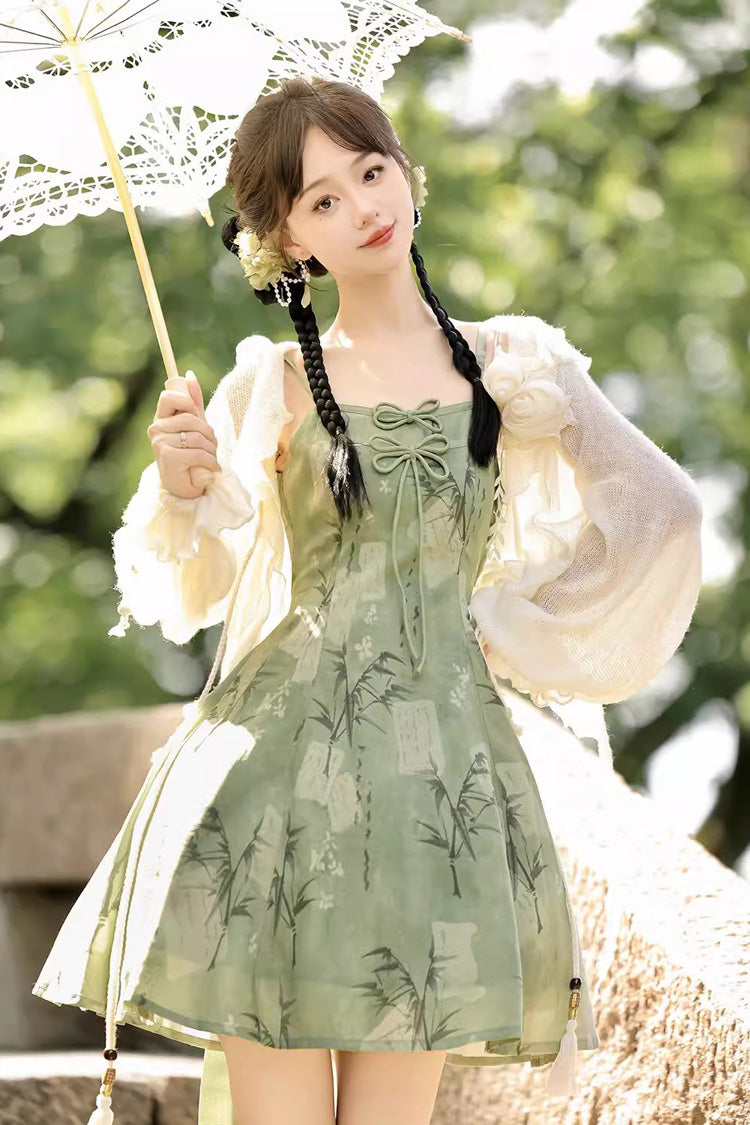 Sweet Lolita JSK - Bamboo Print Lace-up, Green, Lace Trim, Printed, Chinese-Inspired Style - main product image