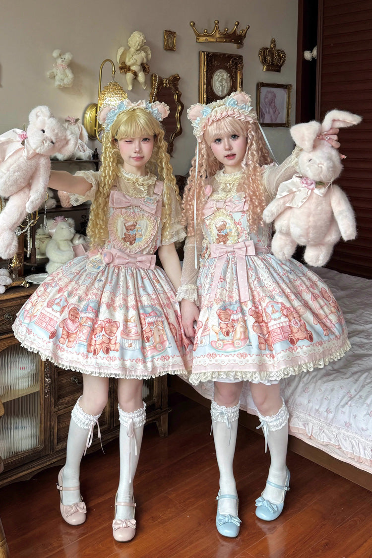 Sweet Lolita JSK - Bear Anniversary Celebration, 2 Colors, Ruffled, Printed, Bow Detail - additional product view 2