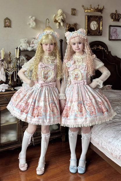 Sweet Lolita JSK - Bear Anniversary Celebration, 2 Colors, Ruffled, Printed, Bow Detail - additional product view 3