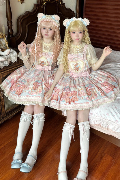 Sweet Lolita JSK - Bear Anniversary Celebration, 2 Colors, Ruffled, Printed, Bow Detail - additional product view 4