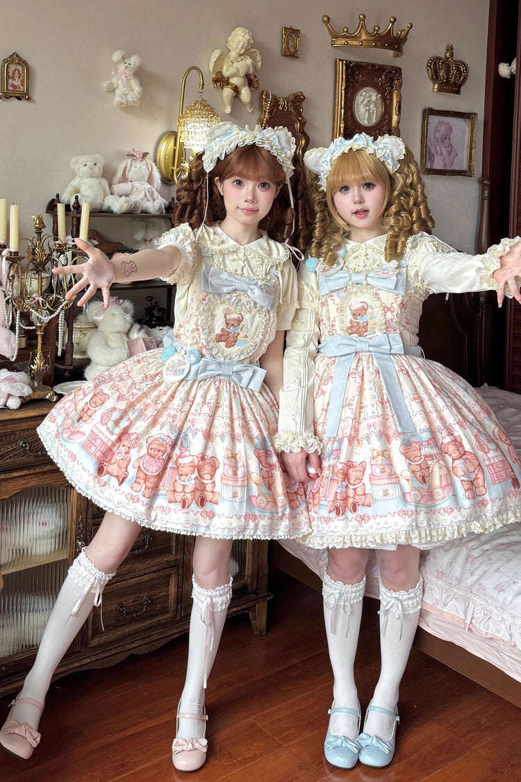 Sweet Lolita JSK - Bear Anniversary Celebration, 2 Colors, Ruffled, Printed, Bow Detail - additional product view 5
