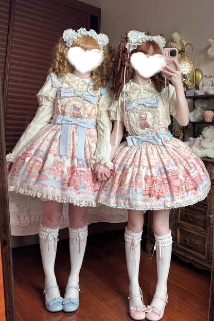 Sweet Lolita JSK - Bear Anniversary Celebration, 2 Colors, Ruffled, Printed, Bow Detail - additional product view 7