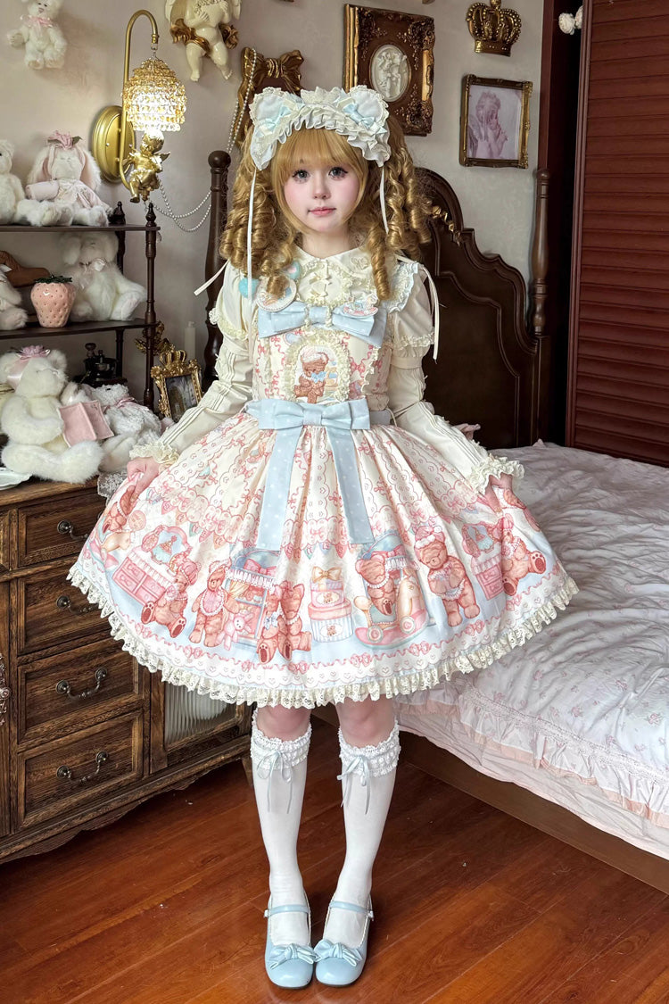 Sweet Lolita JSK - Bear Anniversary Celebration, 2 Colors, Ruffled, Printed, Bow Detail - additional product view 8