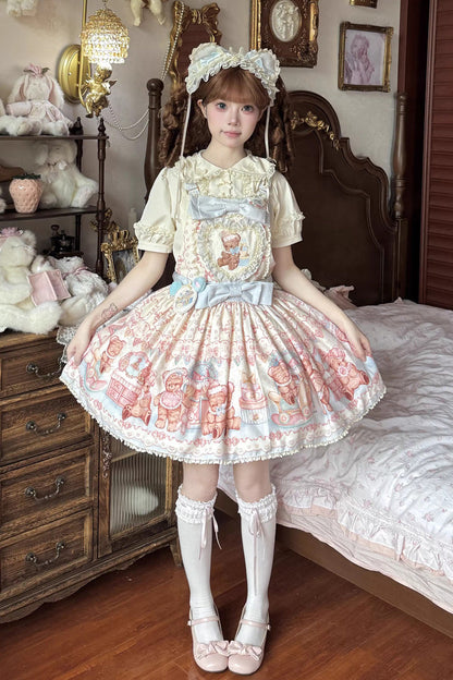Sweet Lolita JSK - Bear Anniversary Celebration, 2 Colors, Ruffled, Printed, Bow Detail - additional product view 9