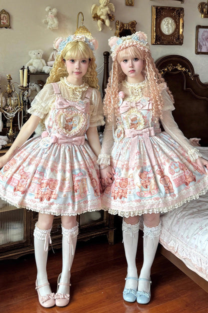Sweet Lolita JSK - Bear Anniversary Celebration, 2 Colors, Ruffled, Printed, Bow Detail - main product image