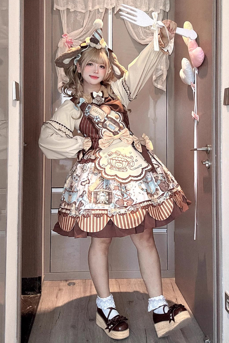 Sweet Lolita JSK - Bear Cookie, 2 Colors, Printed, Bow Detail - main product image
