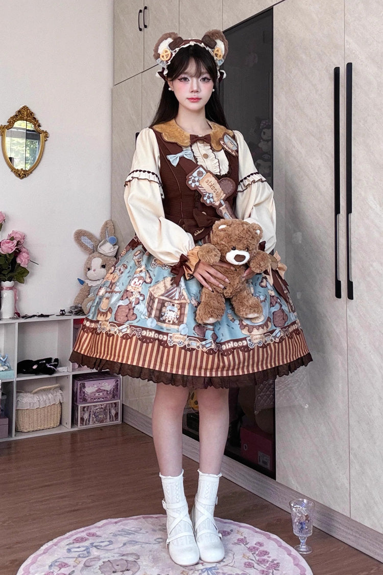 Sweet Lolita JSK - Bear Cookies, 2 Colors, Bow Detail, Ruffled, Printed - additional product view 2