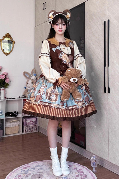 Sweet Lolita JSK - Bear Cookies, 2 Colors, Bow Detail, Ruffled, Printed - additional product view 2