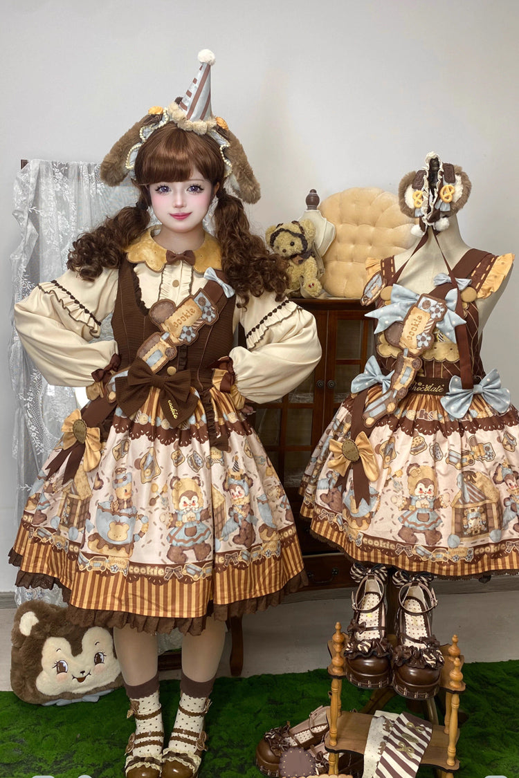 Sweet Lolita JSK - Bear Cookies, 2 Colors, Bow Detail, Ruffled, Printed - additional product view 4